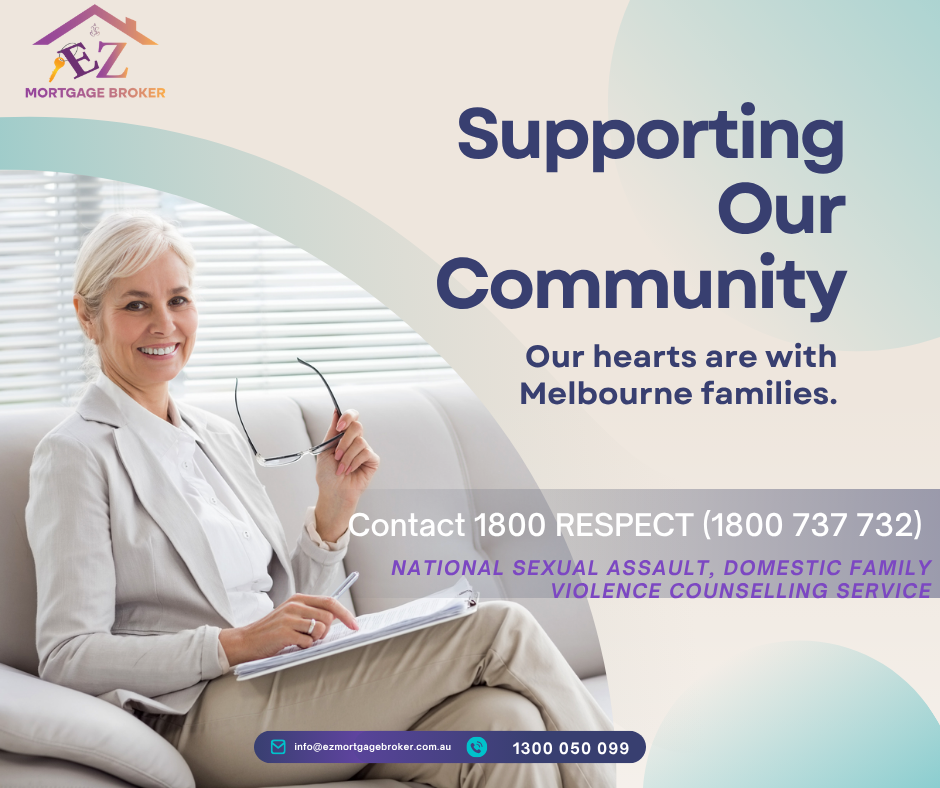 A professional-looking woman with short grey hair and glasses, wearing a light-colored blazer, sits on a couch, smiling directly at the viewer. To her right, large text reads "Supporting Our Community" and "Our hearts are with Melbourne families." Below this, "Contact 1800 RESPECT (1800 737 732)" is clearly displayed, followed by "NATIONAL SEXUAL ASSAULT, DOMESTIC FAMILY VIOLENCE COUNSELLING SERVICE". At the top left, the EZ Mortgage Broker logo is visible. At the bottom of the image are icons for email and phone with "info@ezmortgagebroker.com.au" and "1300 050 099".