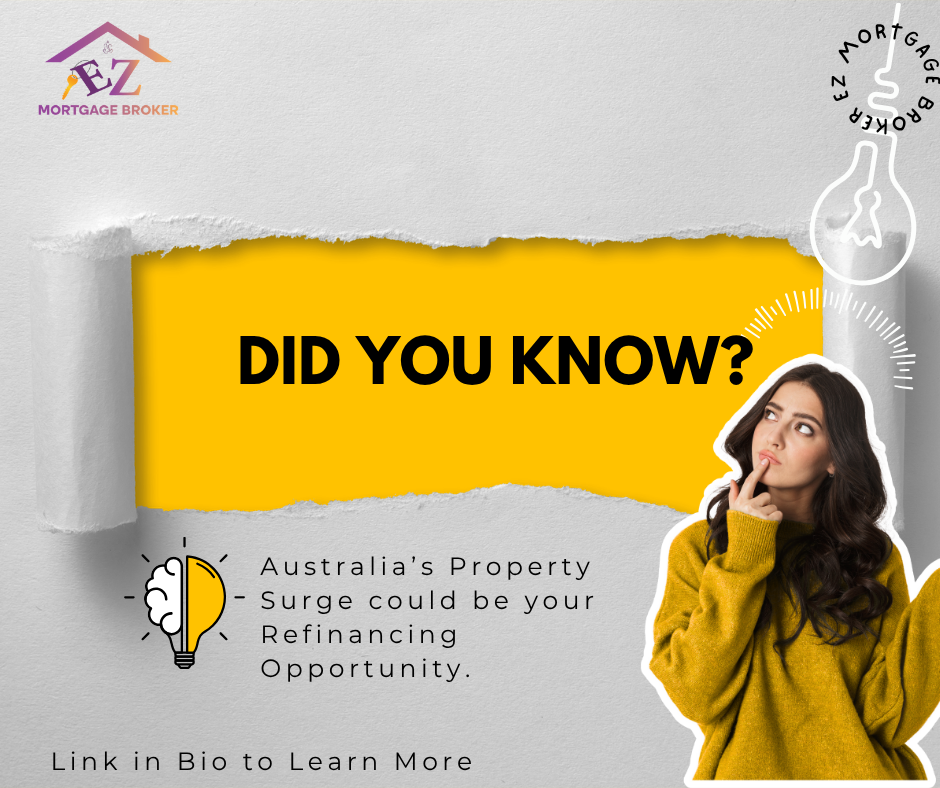 A woman with a thoughtful expression looks up at a lightbulb icon, next to a torn paper revealing a bright yellow background with "DID YOU KNOW?" text. Below, a lit lightbulb icon highlights the text "Australia's Property Surge could be your Refinancing Opportunity." The EZ Mortgage Broker logo is in the top left and top right corners.