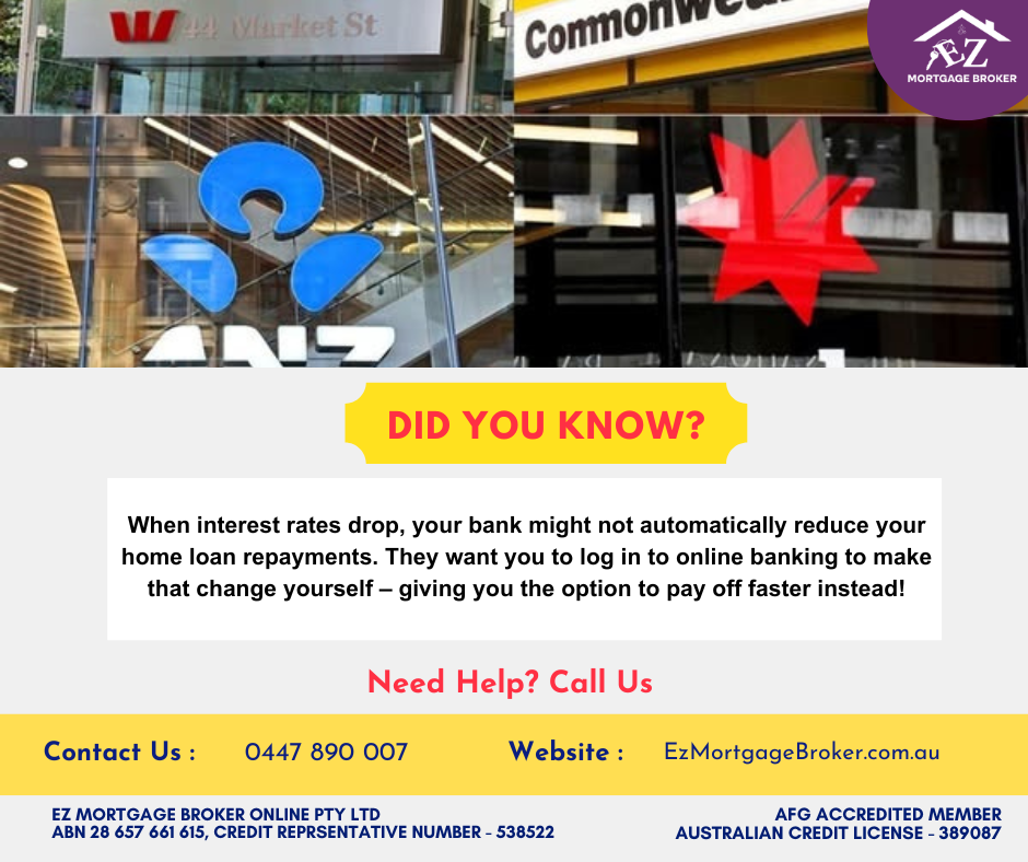 Logos of Westpac, Commonwealth Bank, ANZ, and NAB above text explaining that banks don't automatically lower mortgage repayments and encourage customers to log in to online banking to make changes or pay off faster. Includes EZ Mortgage Broker contact details.
