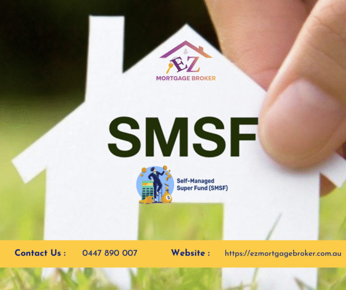 A white paper cutout of a house held by hands against a grassy background. The letters 'SMSF' are centrally displayed on the house. Below 'SMSF' is a small icon of a calculator, a person, and a money bag, with the text 'Self-Managed Super Fund (SMSF)'. The top of the house features the 'EZ MORTGAGE BROKER' logo. At the bottom, contact details read 'Contact Us : 0447 890 007' and 'Website : https://ezmortgagebroker.com.au'.