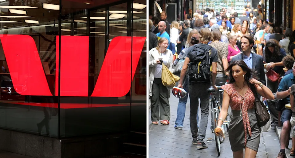 A split image. On the left, a close-up of a large red Westpac bank logo visible through the glass window of a building. On the right, a bustling street scene with numerous pedestrians walking, some carrying bags or wearing backpacks.