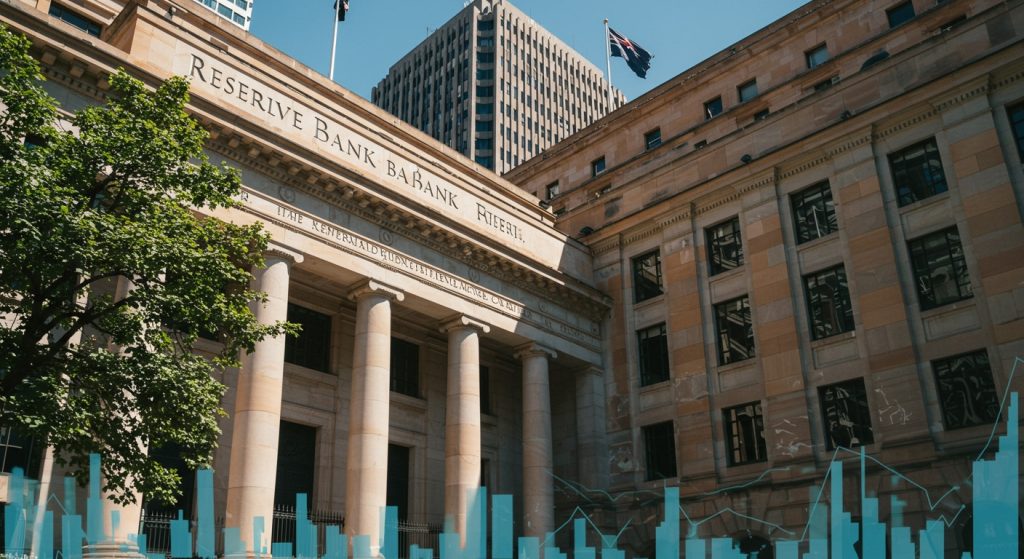 A photograph of the Reserve Bank of Australia building in Sydney, with a transparent blue financial graph overlaid on the bottom.