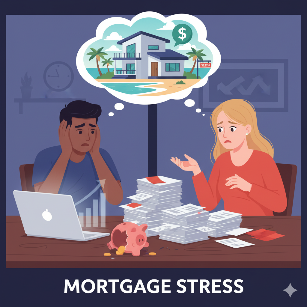 An illustration of a worried couple looking at their bills, with a thought bubble showing a smaller, more affordable house.