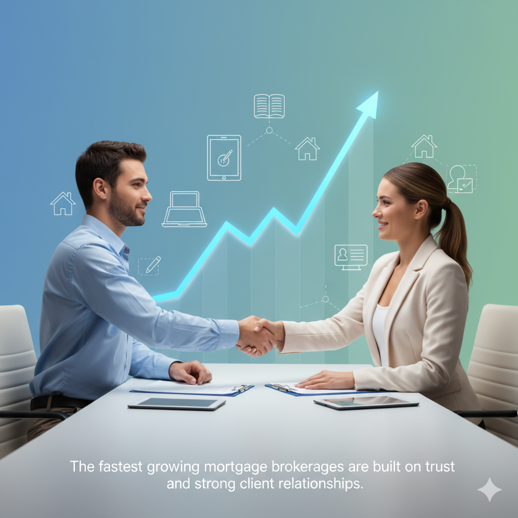 A graphic of two people shaking hands, representing the fastest growing mortgage brokerages and their focus on client relationships.