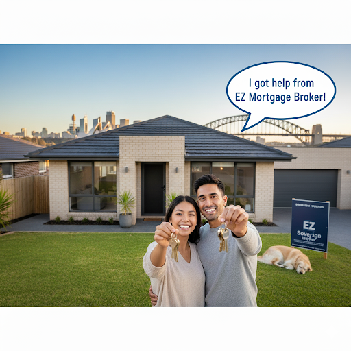 Happy couple holding new house keys in front of their suburban Sydney home, with the city skyline and Harbour Bridge visible. A "Sold" sign by "Sovereign Properties" is on the lawn, and a speech bubble above the couple says, "I got help from EZ Mortgage Broker!" A golden retriever sleeps nearby.